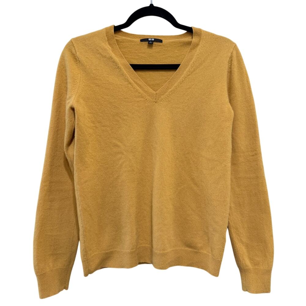 Uniqlo Women's 100% Cashmere Sweater Yellow Long Sleeve Pullover V-Neck Sz-S